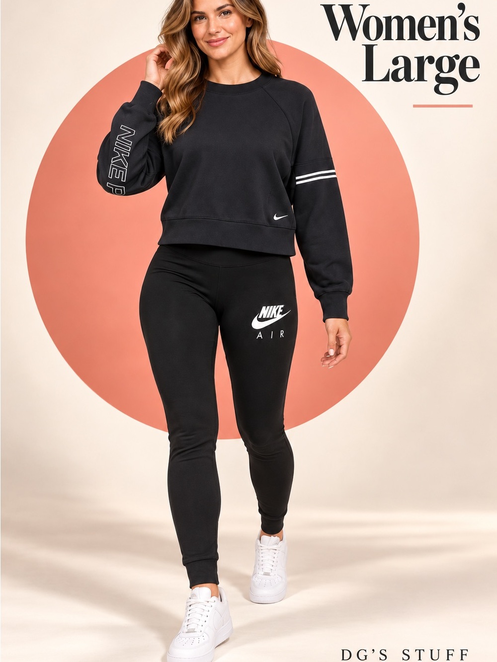 Nike Air black women’s large Leggings with Nike pro crewneck outfit